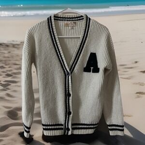 Y2K Style Hazel Moon Youth Knit Cardigan Sz 14 Cream Pocket Logo Preppy Academia